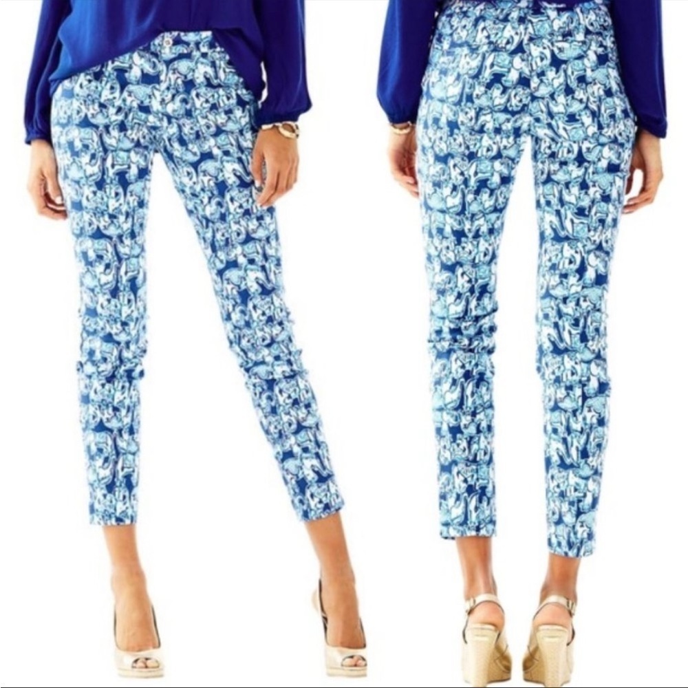 Lilly Pulitzer Kelly Textured Skinny Ankle Pant Get Trunky Blue Elephants 10 - Picture 6 of 6